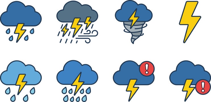 Thunderstorm weather vector icon set with lightning clouds rain storm warning symbols severe climate elements isolated on white background clean design