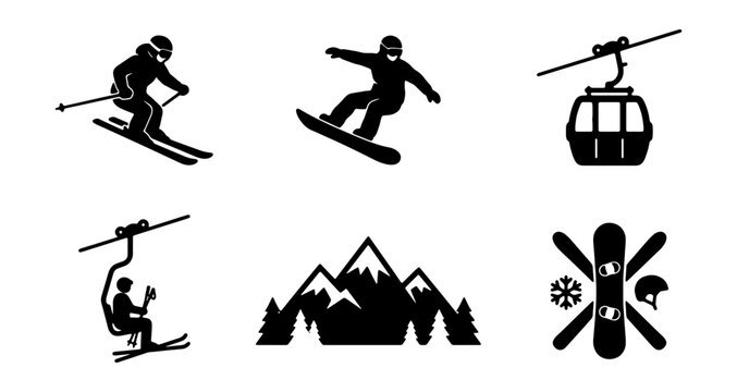 Winter sports icon set, skiing and snowboarding silhouettes, mountain vector