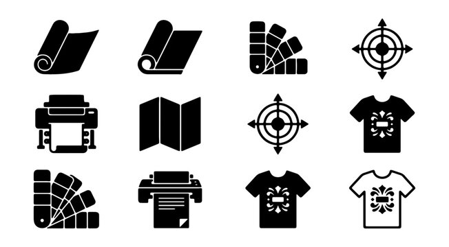 Printing service icons set, 12 vector symbols, digital print shop graphics