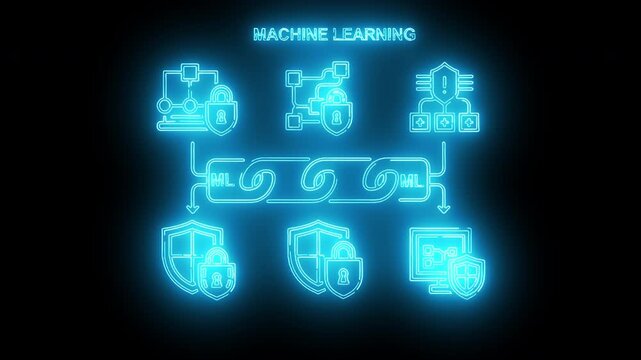 Neon blue machine learning concept with icons on black background