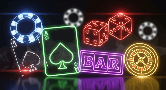 neon casino symbols on dark background.