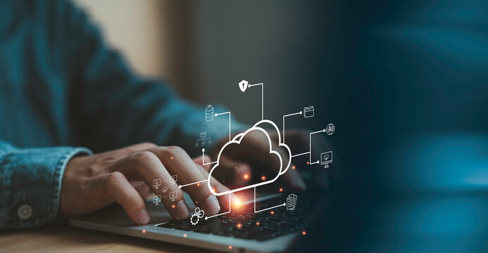 Cloud computing technology with man typing on laptop represent digital network connection, data storage, cybersecurity and online services integration for business transformation and IT infrastructure