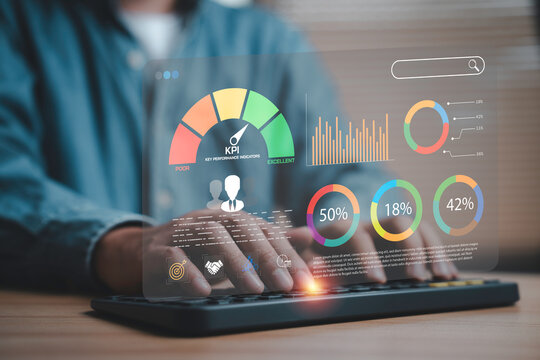 KPI dashboard analytics concept with business data visualization, performance metrics, charts and reports show strategy optimization, productivity tracking and data driven decision making for success
