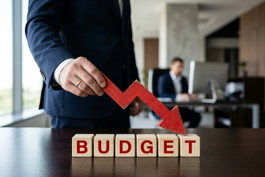 Budget reduction concept with businessman holding a red downward arrow over wooden cubes spelling "BUDGET" in office.
