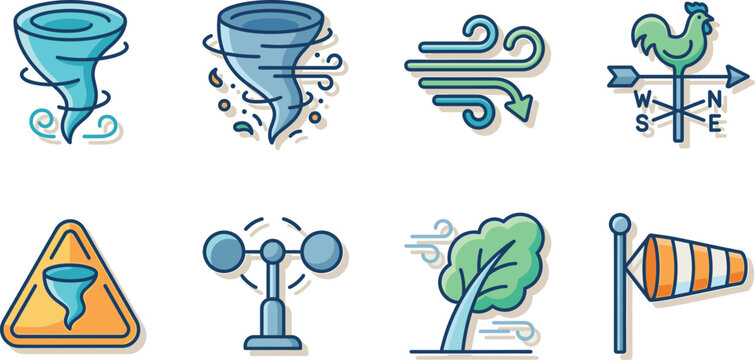 Wind weather vector icon set with tornado hurricane airflow direction symbols anemometer windsock tree storm elements isolated on white background design