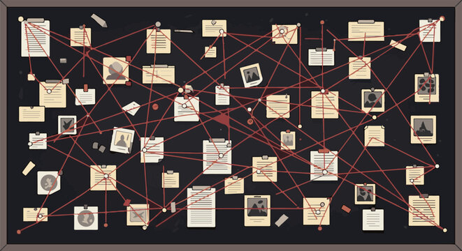 A complex web of evidence, including documents, photos, and maps, is pinned to a dark bulletin board