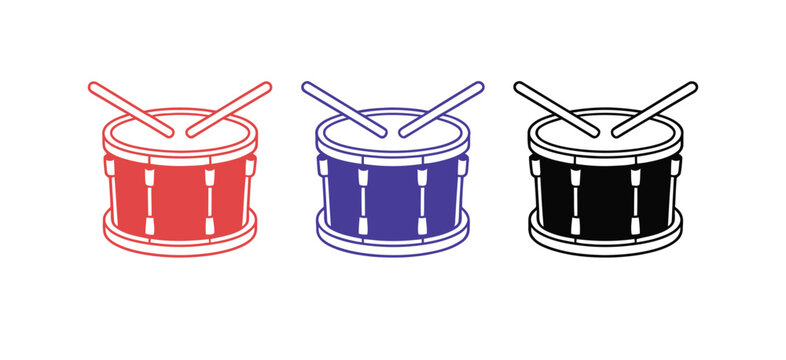 Drum colorful icon set with red, blue and black drums and drumsticks