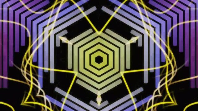 A symmetrical abstract geometric pattern with a visual style reminiscent of a kaleidoscope or musical visual effect. In the center is a bright yellow hexagon surrounded by layers of concentric lines.