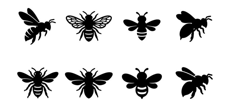Black bee icons, insect silhouettes, bee graphics, insect illustrations, vector bees