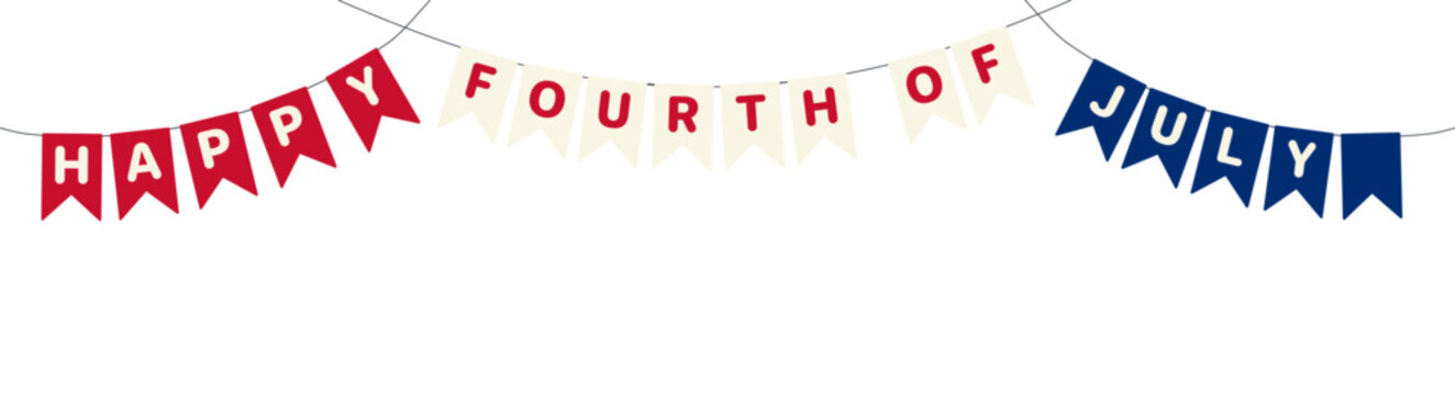Fourth of July blue, red, white bunting, flags with text illustration. USA Independence Day, July 4th, United States of America holiday banner design element. Flat vector on transparent background