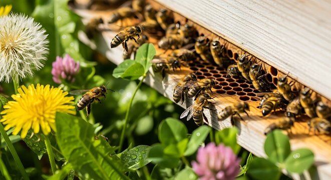 Bees Gathering Pollen on Honeycomb in Nature.