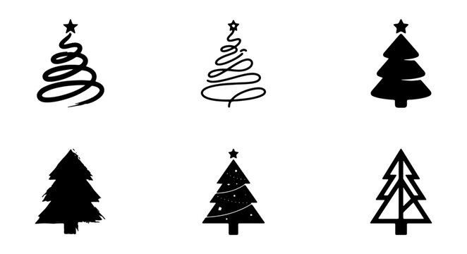 Minimalist Christmas tree icons, black pine tree silhouettes, 6 vector holiday symbols