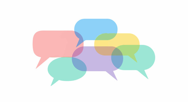A cluster of overlapping, semi-transparent speech bubbles in pastel colors against a white background
