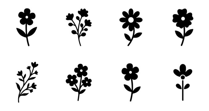 Minimalist flower icons, black floral silhouettes, set of 8 botanical vector elements