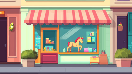 Obraz premium Pixelated illustration of a shop exterior with a horse toy in the window, with plants and details