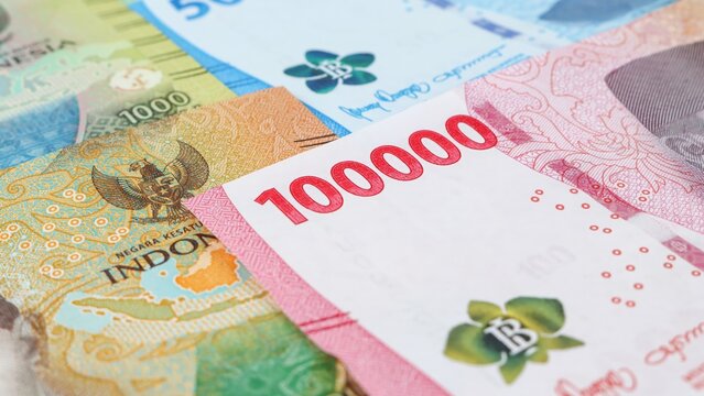 Close up top view of Indonesian rupiah banknotes 