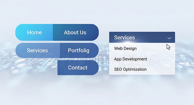 Responsive website navigation menu displaying various digital services like web design, app development, and SEO optimization, set against a modern tech background