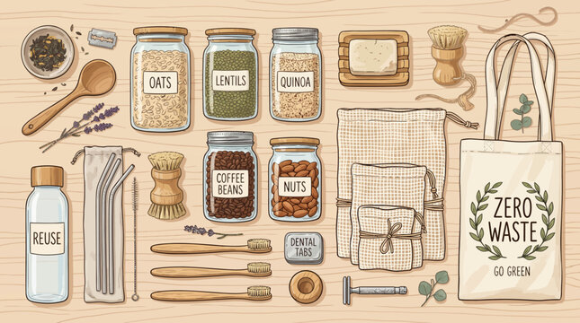 Zero Waste Lifestyle Kit with Reusable Essentials, Glass Jars for Bulk Food, Bamboo Toothbrushes, Metal Straws, and Tote Bag on Wooden Background Illustration