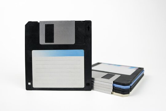 Close-up of old stacked floppy disks