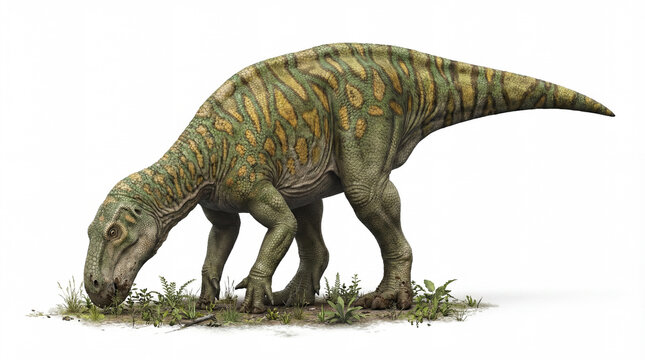 Iguanodon bernissartensis feeding on vegetation isolated on white background, detailed reconstruction showing herbivorous diet and natural feeding posture.

