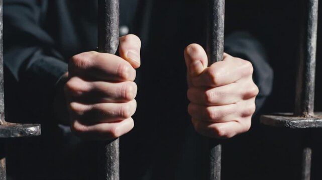 Prisoner's hands gripping jail bars, confinement, darkness, despair