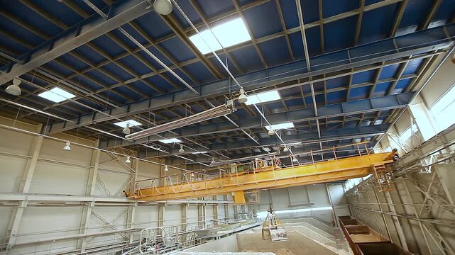 A grab crane unloads sand and clay from open rail cars in an industrial bulk materials warehouse. Unloading of railway open wagons and storage of bulk materials in a warehouse. Bridge grab crane