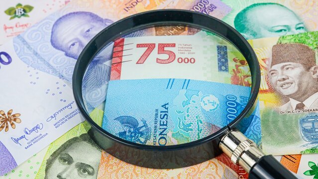 Magnifying glass examining Indonesian rupiah banknotes of various denominations. 