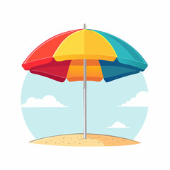 Obraz premium Colorful Beach Umbrella on Sandy Shore with Blue Sky and Clouds