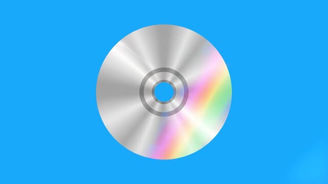 A silver compact disc or DVD with vibrant rainbow reflections set against a bright blue background. Ideal for music, data storage, and digital media concepts.