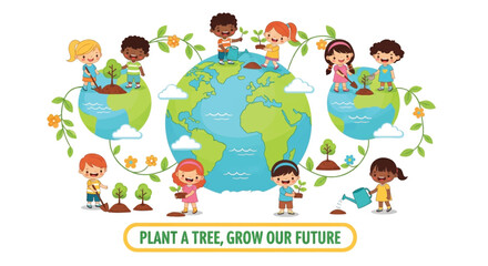 Obraz premium Eco friendly children, kids plant trees, globe conservation vector illustration, environmental awareness, sustainable future