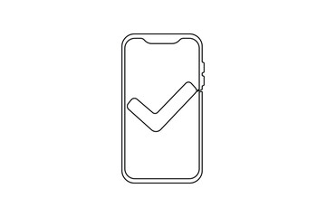 Smartphone with check mark one line art for mobile business technology success and digital verification © madhuri