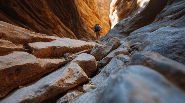 Person hiking through a narrow canyon. the person is wearing a backpack and is walking on a rocky trail that winds through the canyon walls.