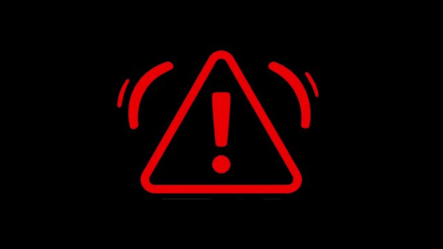 A large glowing red triangle warning symbol with an exclamation mark. Minimalist alert icon with sound wave or vibration lines, isolated on a solid black background for security, error, or emergency U