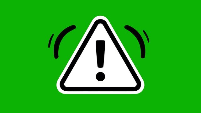 A high-visibility 2D vector graphic animation of a white triangle warning sign with a bold exclamation mark pulsing and flashing with black alarm waves on a green screen. Excellent overlay asset for s