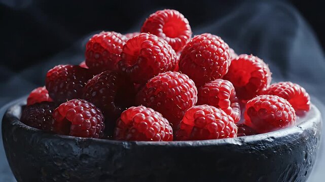 Fresh red raspberries with vapor in a glass bowl on black background
