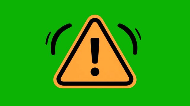 A classic 2D motion graphics animation of a yellow danger triangle icon with an exclamation mark shaking and flashing against a green chroma key backdrop. Perfect for interface error notifications, vi