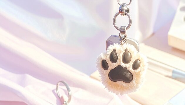 Cute plush paw keychain with smiling face, fluffy fur, pastel tones, cozy background, heart d&eacute;cor, symbolizing charm, warmth, and playful design in a softly lit room.