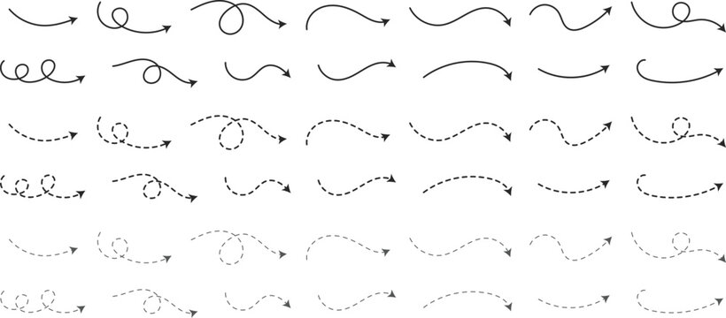  Dashed Curved Arrows. Directional pointer and flow symbols. Stippled line and arch arrow design. Curved dash arrow and movement icon