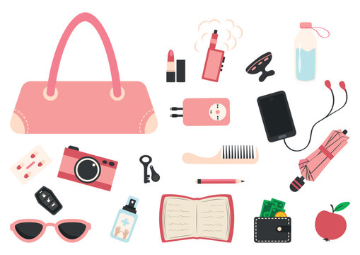 Set of female accessories and gadgets in pink and black colors
