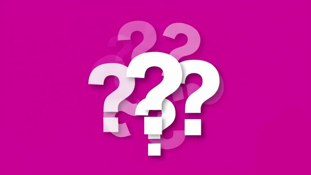 A playful 2D animation featuring a group of white question marks with a gentle floating or pulsing effect. Set against a vibrant pink background, perfect for quizzes, FAQ sections, and mystery-themed 