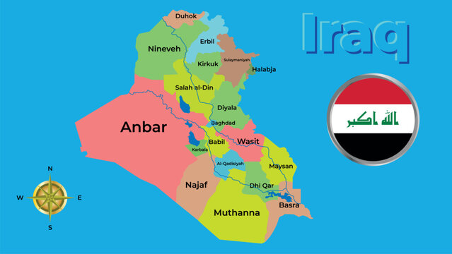 Republic of Iraq administrative map with colorful governorates, circular national flag icon and rivers.