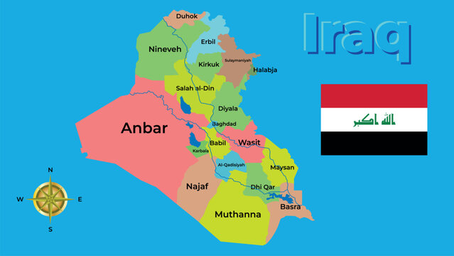 Republic of Iraq administrative map with governorates, national flag, Tigris and Euphrates rivers.
