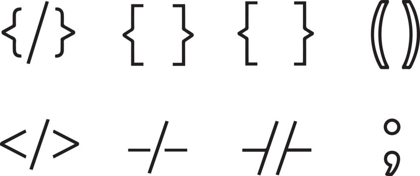 Set of coding and programming punctuation symbols, vector line art of curly braces, square brackets, parentheses, HTML tag signs and semicolon, minimalist web development elements isolated on white