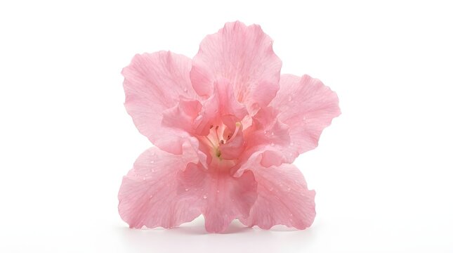 A single delicate pink flower with translucent petals adorned with tiny water droplets isolated on a white background