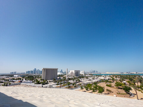 View of Abu Dhabi and Abrahamic House on Saadiyat Island as seen from Zayed National Museum