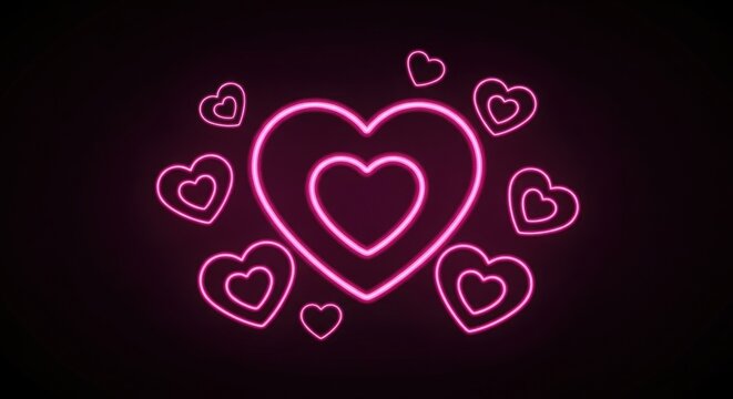 Neon pink heart shapes on a dark background for valentines day
