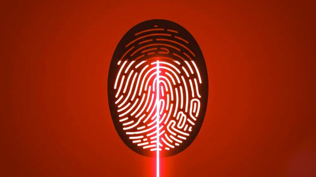 An animated 2D vector graphic showing a fingerprint icon being scanned by a vertical glowing laser beam. This motion graphic concept represents cyber security, biometric identification, or access cont
