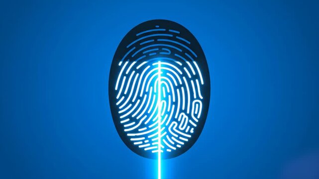A glowing blue biometric fingerprint is scanned by a vertical light beam on a dark background. This animation represents cybersecurity, identity verification, and advanced touch ID technology.