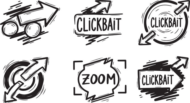 Hand drawn clickbait and zoom doodle set, vector speed arrows, social media marketing icons, explosive attention grabber elements, creative sketch for digital content isolated on white background