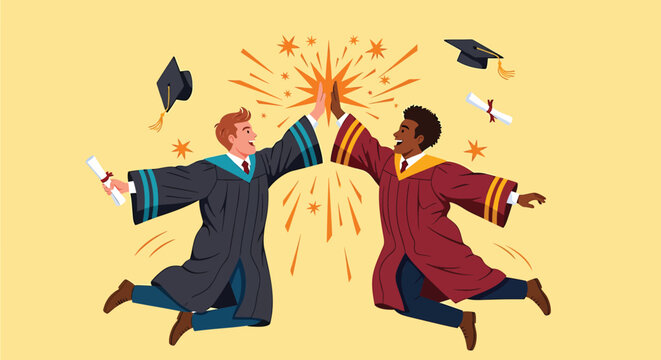 Graduation celebration, happy students jumping, academic achievement, university graduates